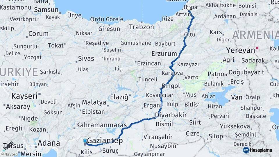 Gaziantep Borçka Artvin Arası Kaç Km - Yol Haritası