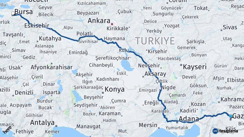 Gaziantep Bursa Arası Kaç Km - Yol Haritası