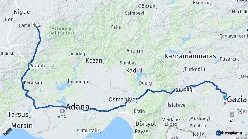 Gaziantep Çamardı Niğde Arası Kaç Km - Yol Haritası