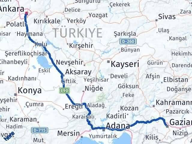 Gaziantep Çankaya Ankara Arası Kaç Km - Yol Haritası