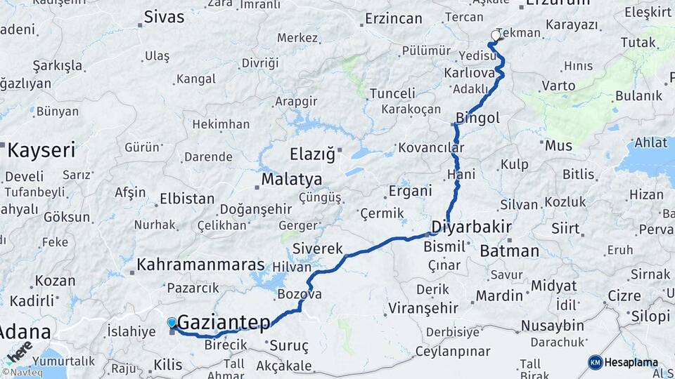 Gaziantep Çat Erzurum Arası Kaç Km - Yol Haritası