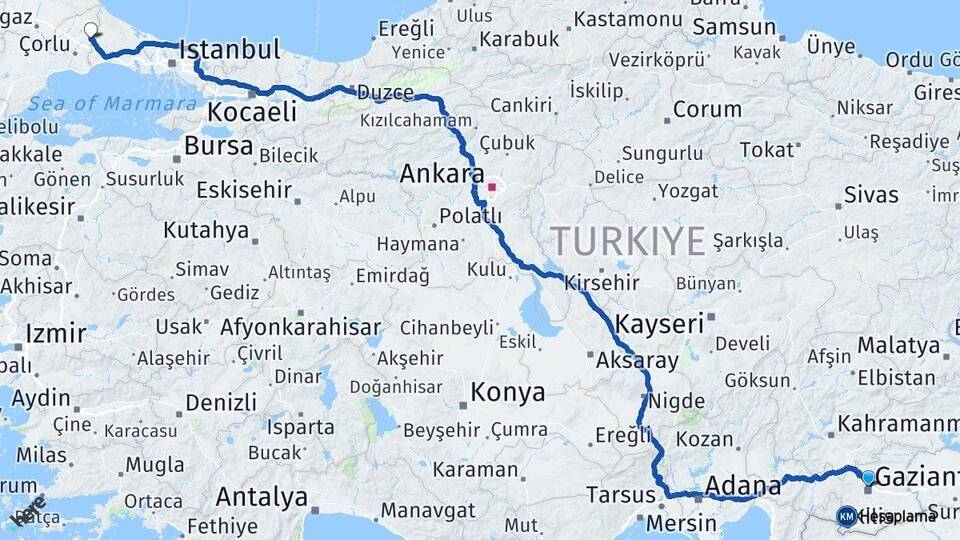 Gaziantep Çerkezköy Arası Kaç Km - Yol Tarifi