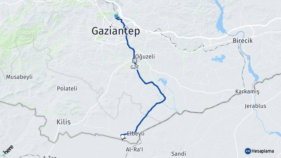 Gaziantep Çıldıroba Elbeyli Kilis Arası Kaç Km - Yol Haritası