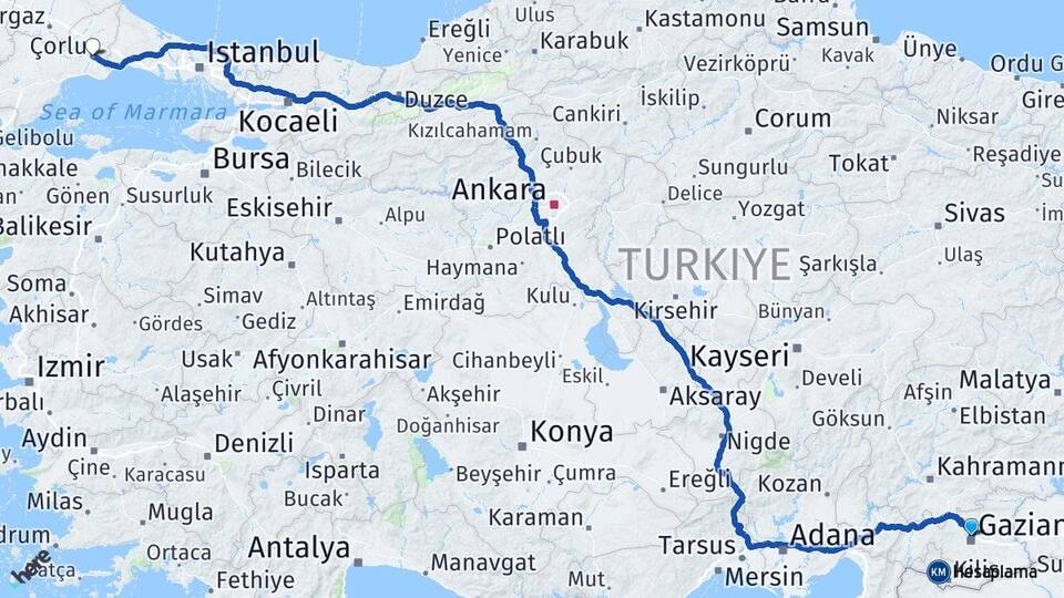 Gaziantep Çorlu Tekirdağ Arası Kaç Km - Yol Haritası