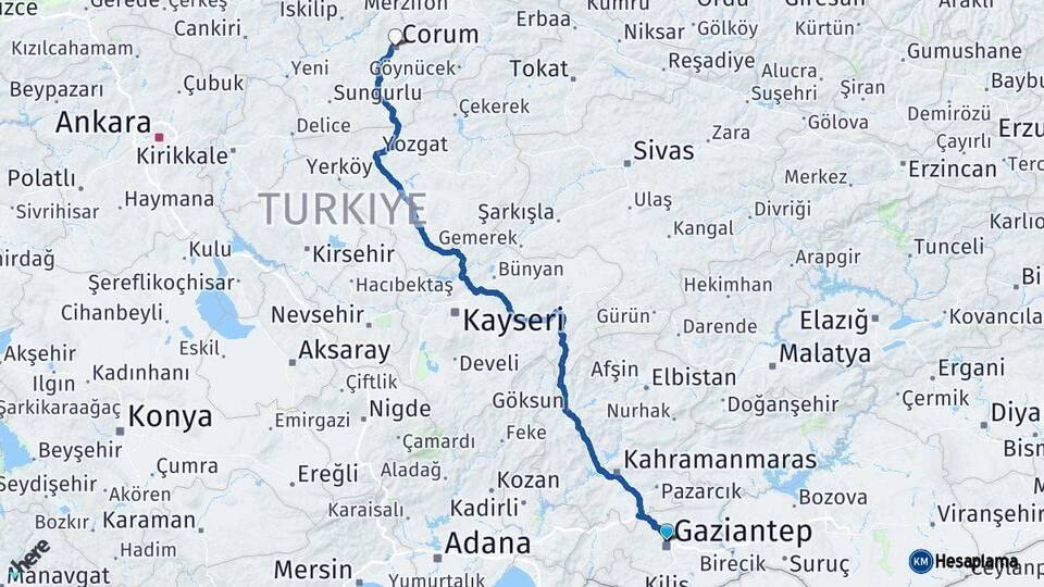 Gaziantep Çorum Arası Kaç Km - Yol Haritası
