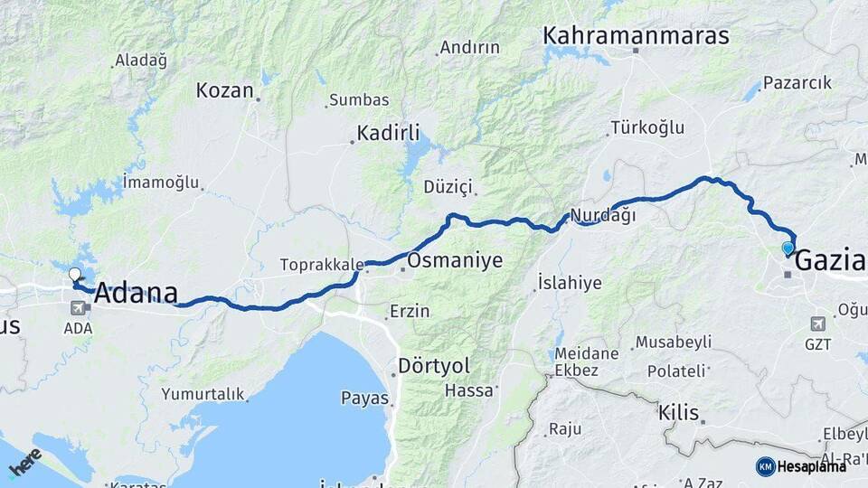 Gaziantep Çukurova Adana Arası Kaç Km - Yol Haritası