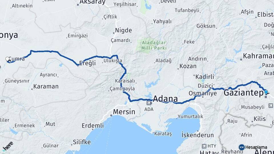 Gaziantep Çumra Arası Kaç Km - Yol Tarifi
