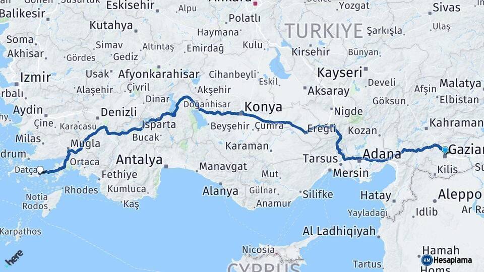 Gaziantep Datça Muğla Arası Kaç Km - Yol Haritası