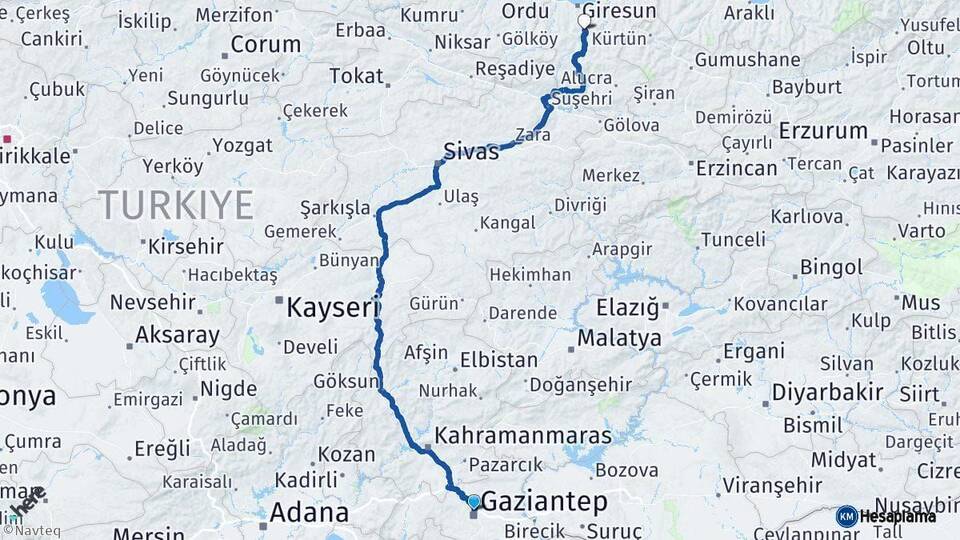 Gaziantep Dereli Giresun Arası Kaç Km - Yol Haritası