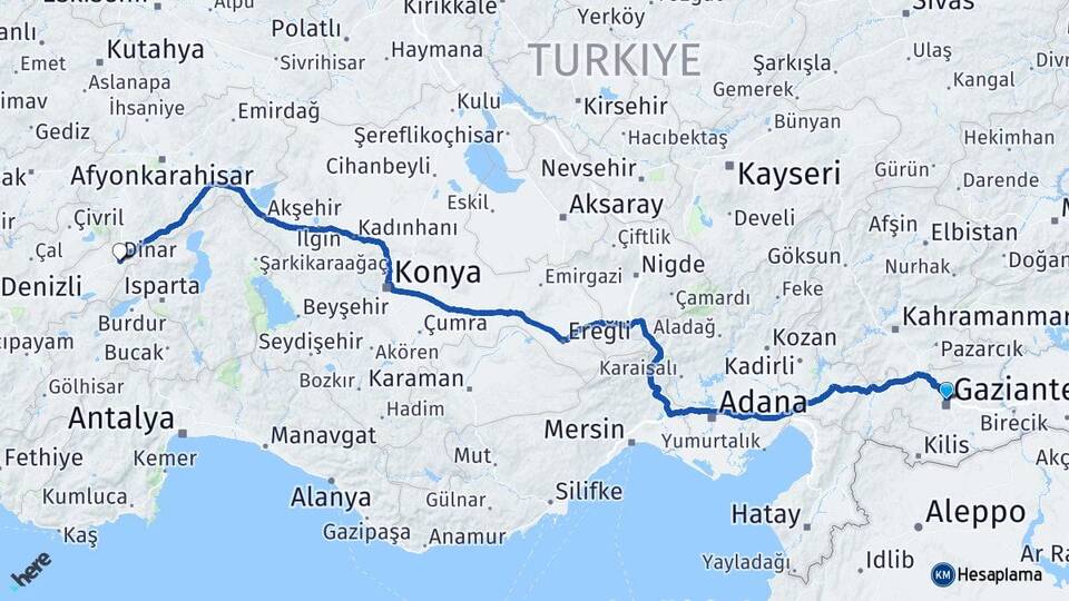 Gaziantep Dinar Afyonkarahisar Arası Kaç Km - Yol Haritası