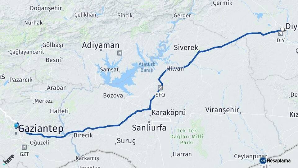 Gaziantep Diyarbakır Havalimanı Arası Kaç Km - Yol Haritası