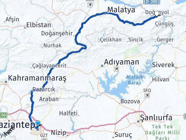Gaziantep Doğanyol Malatya Arası Kaç Km - Yol Haritası