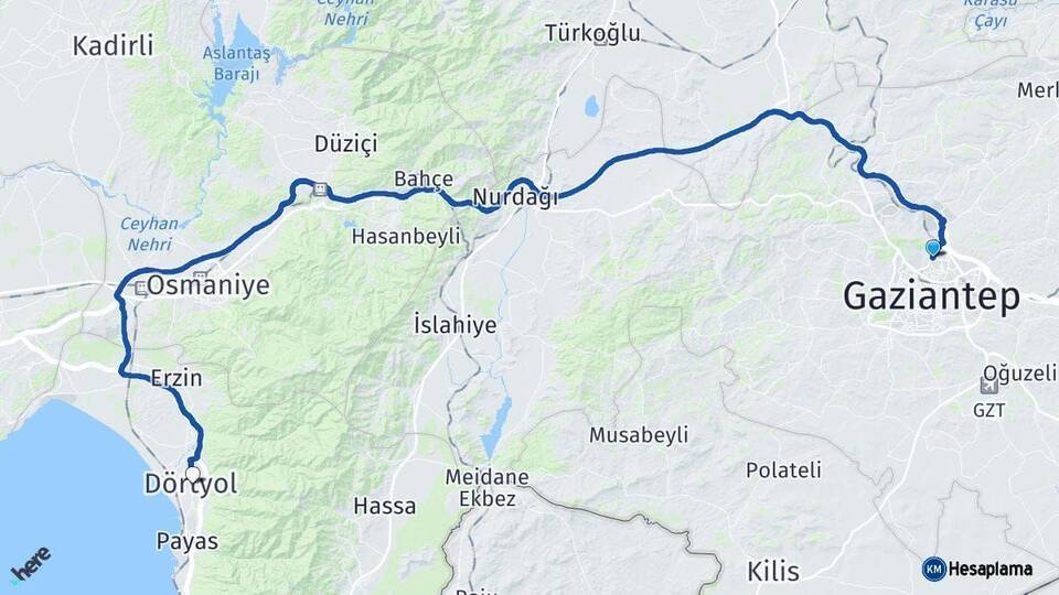 Gaziantep Dörtyol Hatay Arası Kaç Km - Yol Haritası