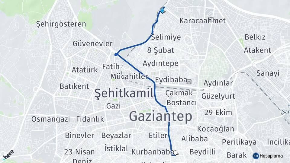 Gaziantep Düztepe Şahinbey Arası Kaç Km - Yol Haritası