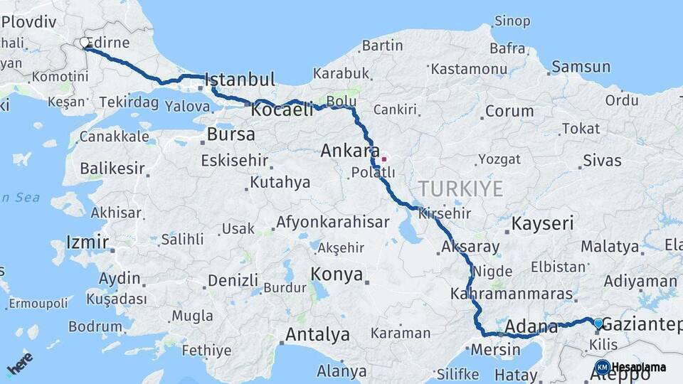 Gaziantep Edirne Arası Kaç Km - Yol Haritası