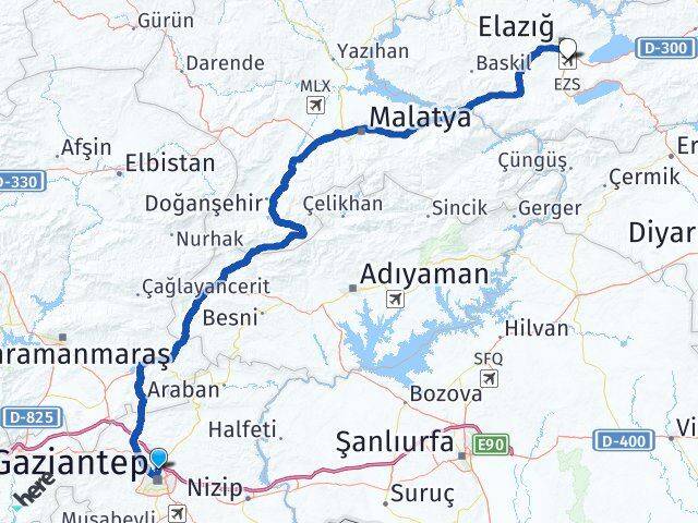 Gaziantep Elazığ Havalimanı Arası Kaç Km - Yol Haritası