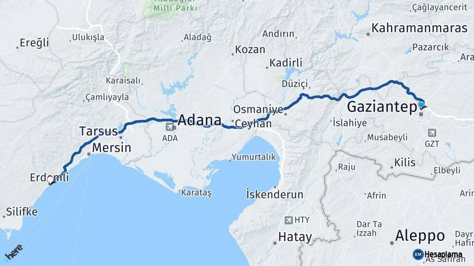 Gaziantep Erdemli Mersin Arası Kaç Km - Yol Haritası