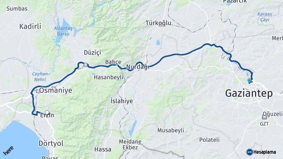 Gaziantep Erzin Hatay Arası Kaç Km - Yol Haritası