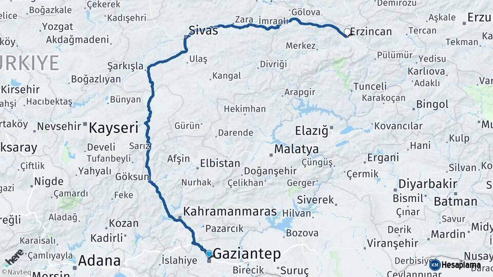 Gaziantep Erzincan Arası Kaç Km - Yol Haritası