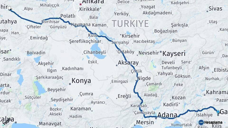 Gaziantep Eskişehir Arası Kaç Km - Yol Haritası