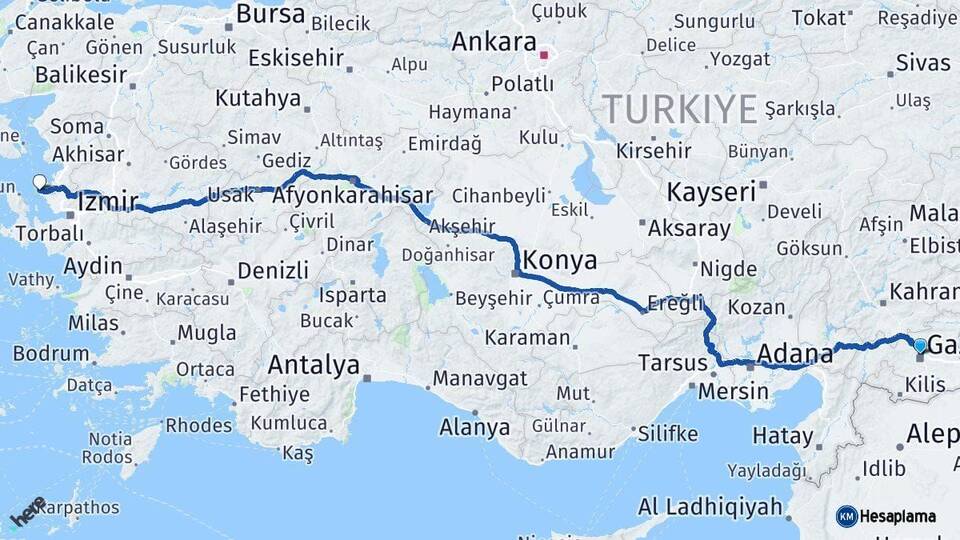 Gaziantep Foça İzmir Arası Kaç Km - Yol Haritası
