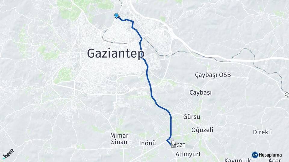 Gaziantep Gaziantep Havalimanı Arası Kaç Km - Yol Haritası
