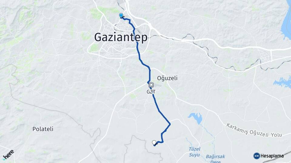 Gaziantep Gebe Oğuzeli Arası Kaç Km - Yol Haritası