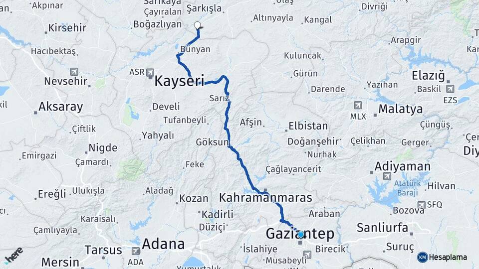 Gaziantep Gemerek Sivas Arası Kaç Km - Yol Haritası