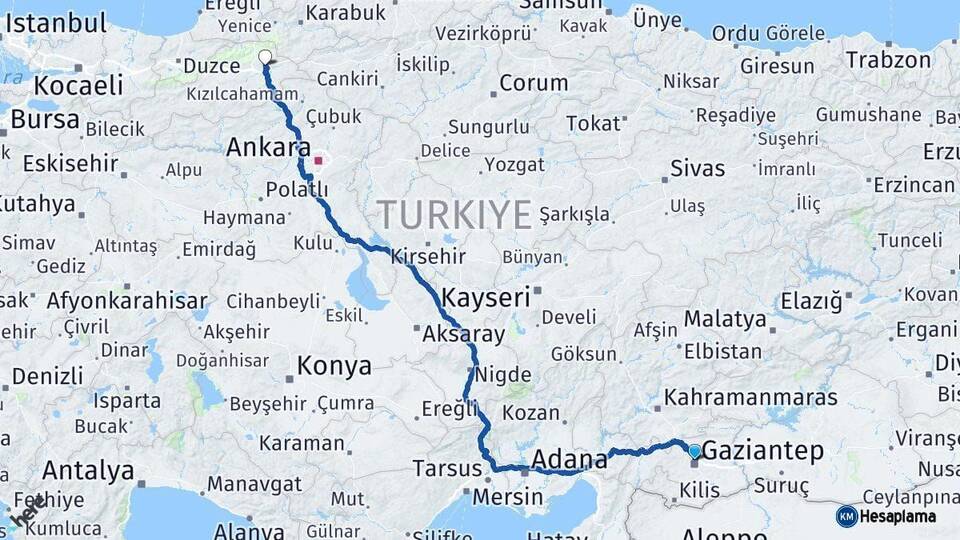 Gaziantep Gerede Bolu Arası Kaç Km - Yol Haritası