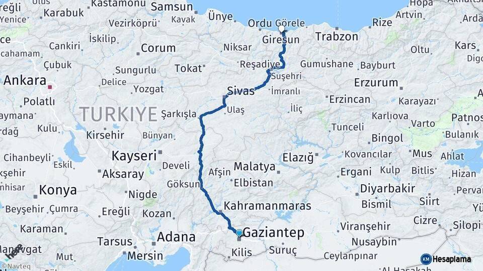 Gaziantep Giresun Arası Kaç Km - Yol Haritası
