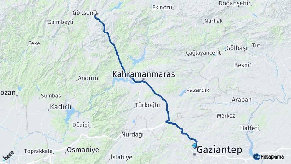 Gaziantep Göksun Kahramanmaraş Arası Kaç Km - Yol Haritası