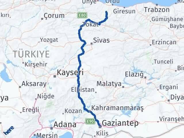 Gaziantep Gürgentepe Ordu Arası Kaç Km - Yol Haritası