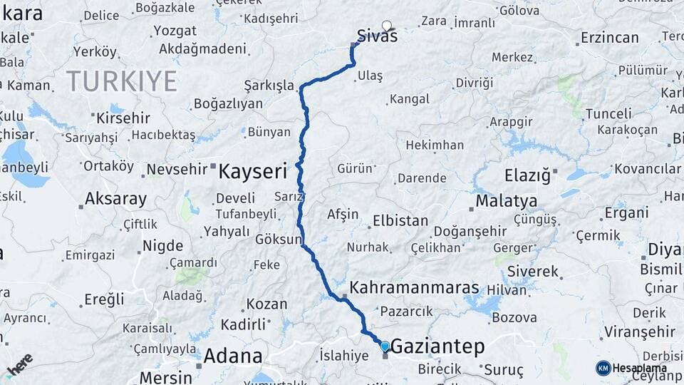 Gaziantep Hafik Sivas Arası Kaç Km - Yol Haritası