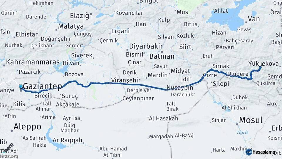 Gaziantep Hakkari Arası Kaç Km - Yol Haritası