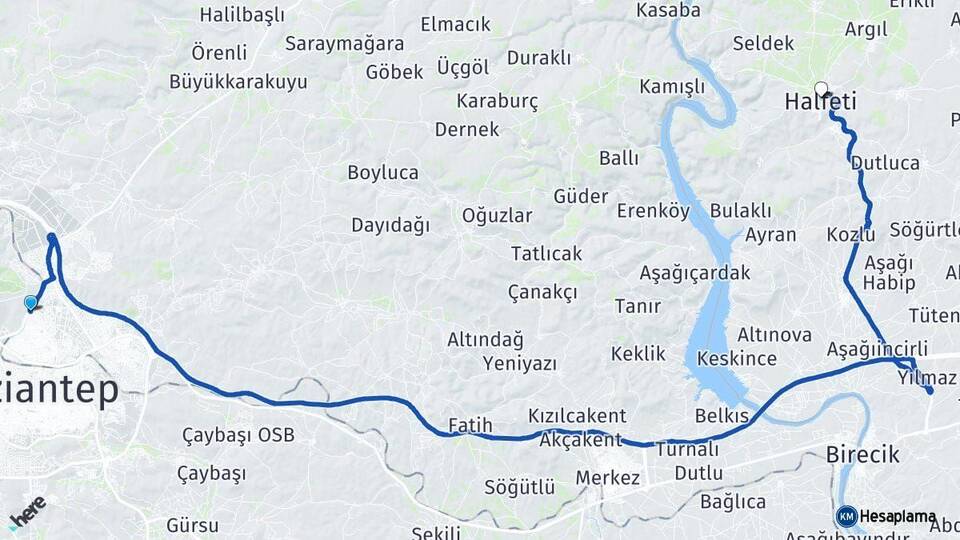 Gaziantep Halfeti Şanlıurfa Arası Kaç Km - Yol Haritası