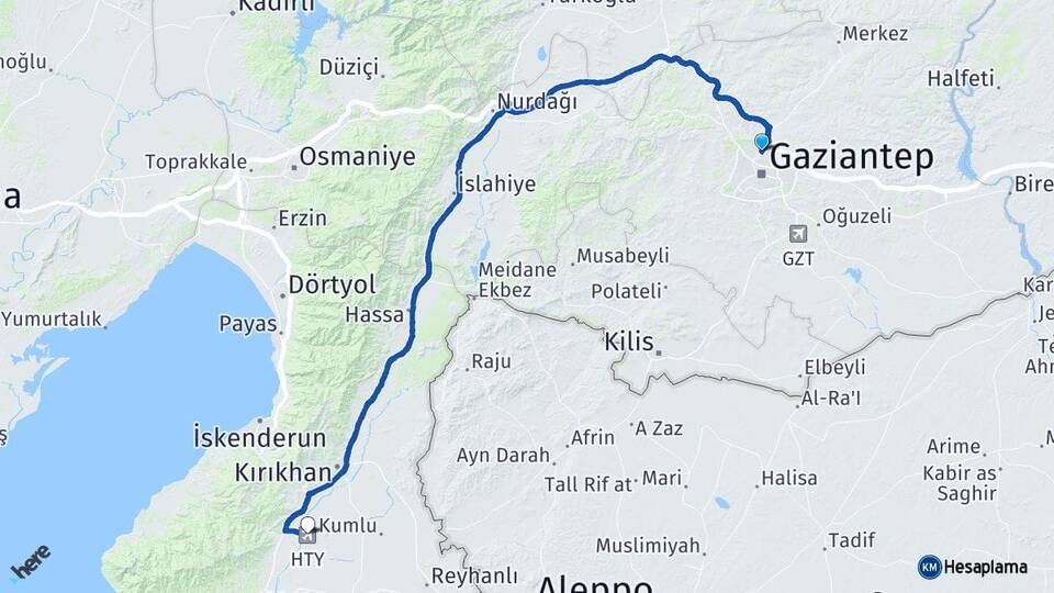 Gaziantep Hatay Havalimanı Arası Kaç Km - Yol Haritası