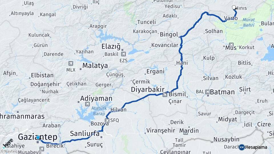 Gaziantep Hınıs Erzurum Arası Kaç Km - Yol Haritası