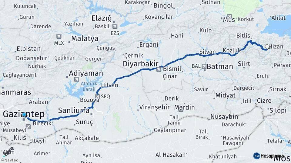 Gaziantep Hizan Bitlis Arası Kaç Km - Yol Haritası