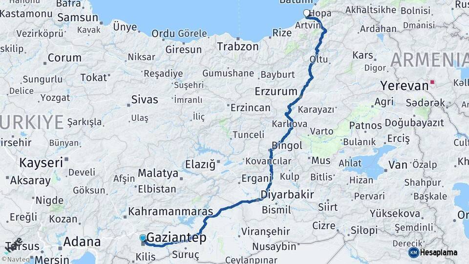 Gaziantep Hopa Artvin Arası Kaç Km - Yol Haritası