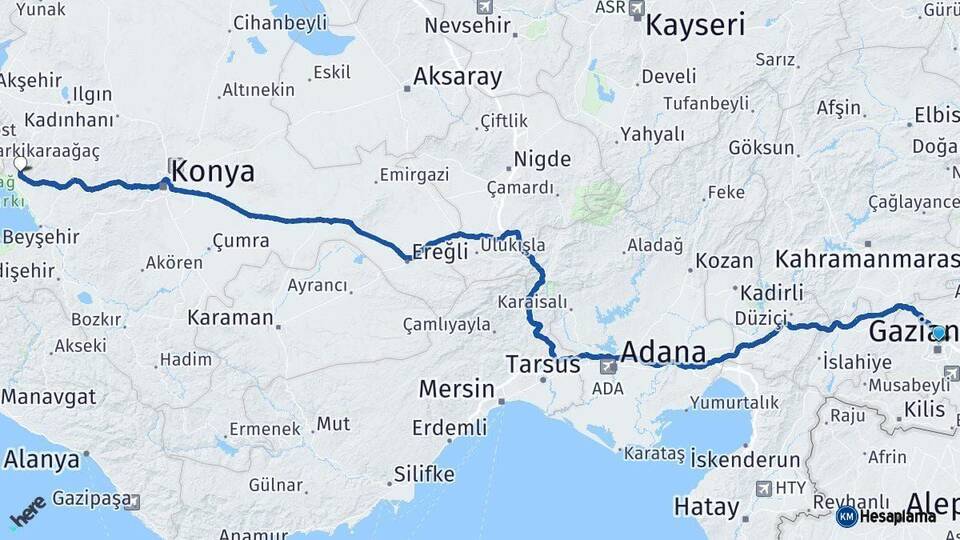Gaziantep Hüyük Konya Arası Kaç Km - Yol Haritası