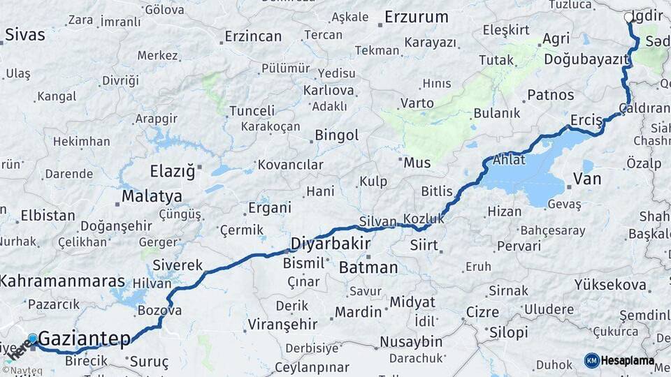 Gaziantep Iğdır Arası Kaç Km - Yol Haritası