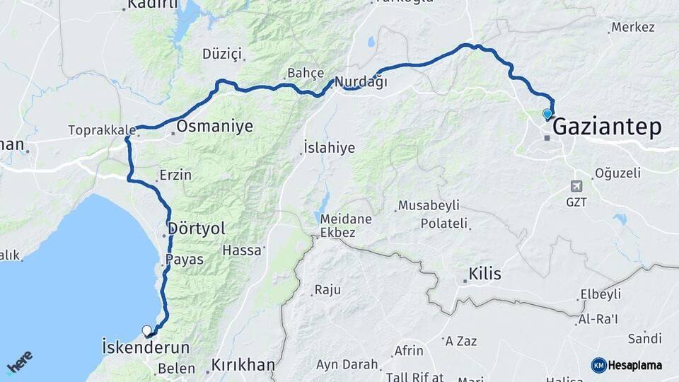 Gaziantep İskenderun Hatay Arası Kaç Km - Yol Haritası