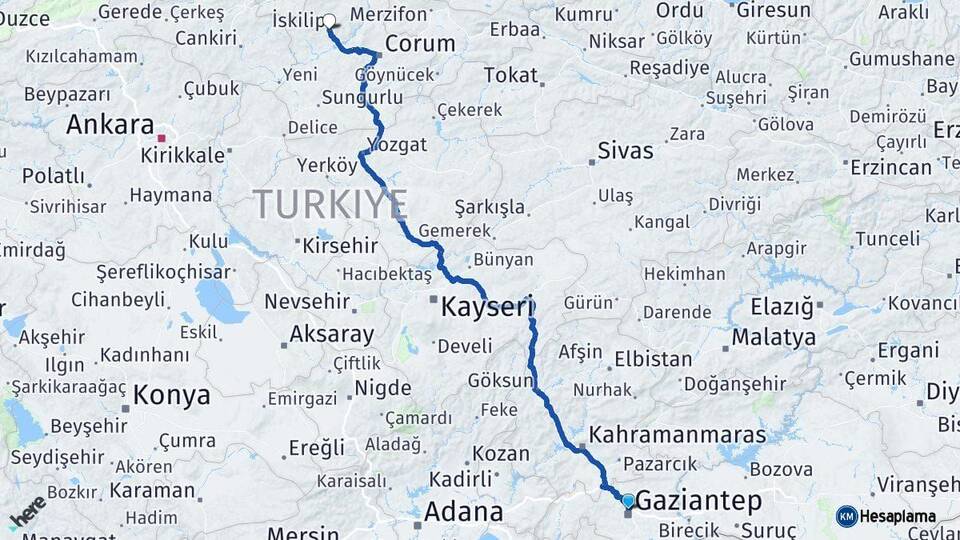 Gaziantep İskilip Çorum Arası Kaç Km - Yol Haritası