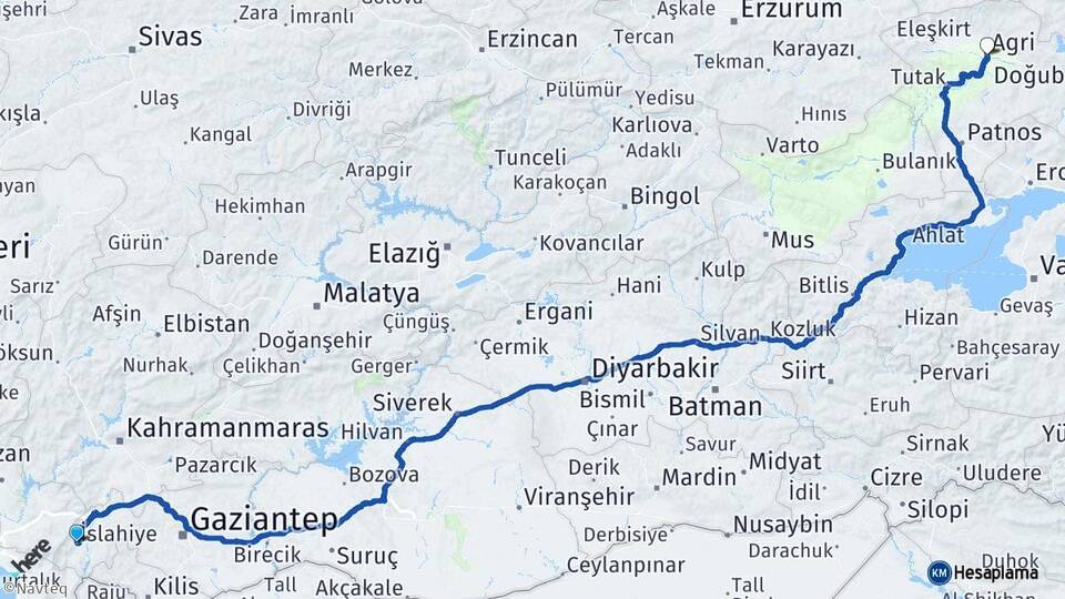 Gaziantep İslahiye Ağrı Arası Kaç Km - Yol Haritası