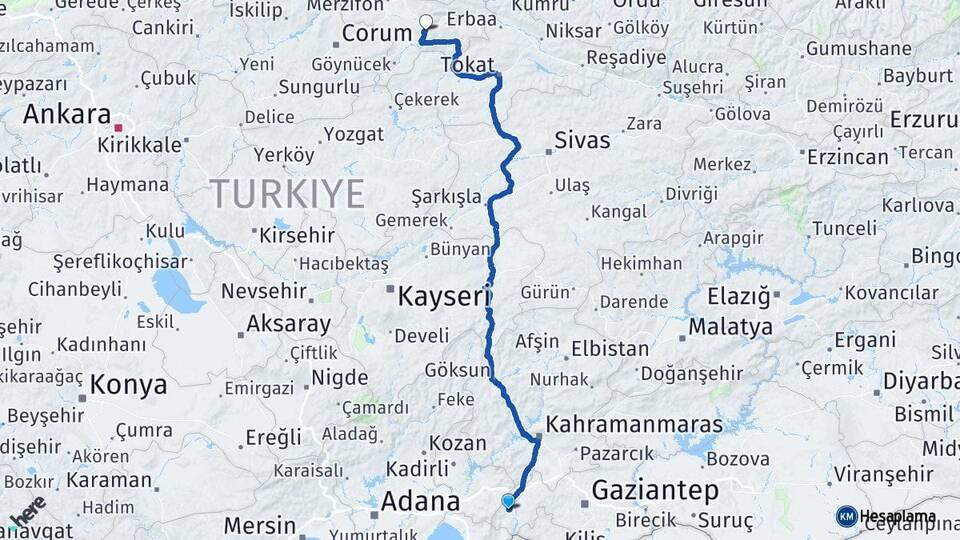 Gaziantep İslahiye Amasya Arası Kaç Km - Yol Haritası