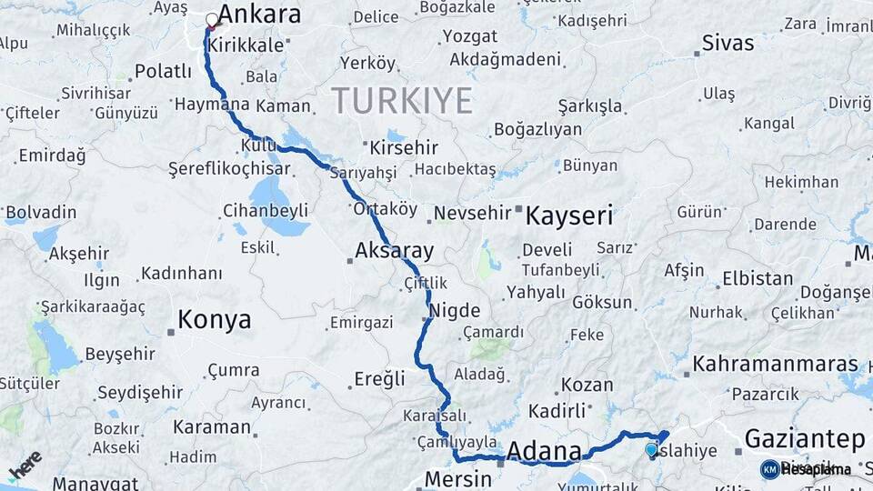 Gaziantep İslahiye Ankara Arası Kaç Km - Yol Haritası