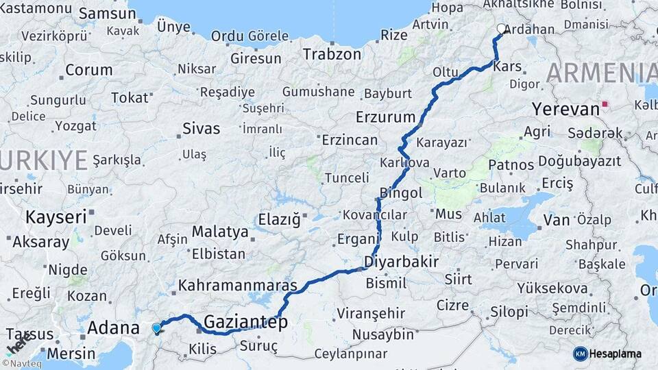 Gaziantep İslahiye Ardahan Arası Kaç Km - Yol Haritası