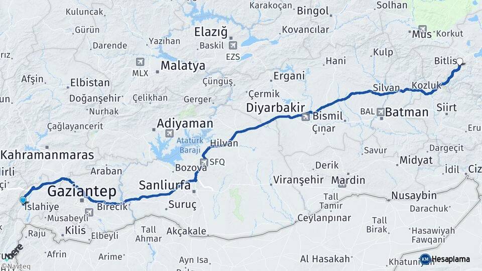 Gaziantep İslahiye Bitlis Arası Kaç Km - Yol Haritası
