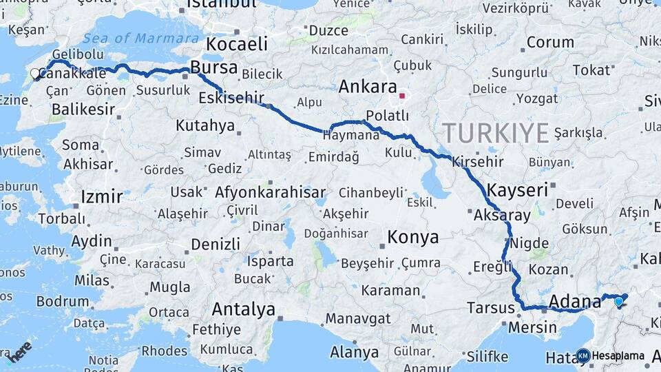 Gaziantep İslahiye Çanakkale Arası Kaç Km - Yol Haritası