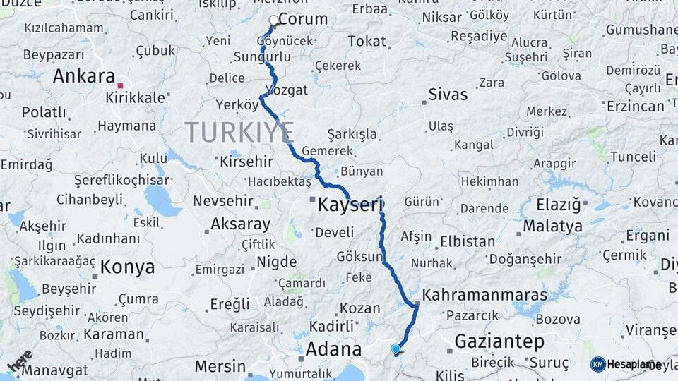 Gaziantep İslahiye Çorum Arası Kaç Km - Yol Haritası